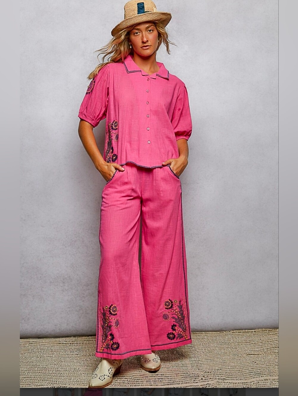 NEW!! 2 PC POL 100% Cotton Pink Wide-Leg Embroidered Pant Set, NWT